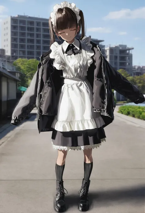 masterpiece, best quality,1girl, solo, brown hair, jacket, outdoors, maid headdress, dress, twintails, closed eyes, apron, maid, black jacket, day, maid apron, black dress, socks, full body, closed mouth, building, bangs, black footwear, collared dress, long sleeves, open jacket, standing, boots, blunt bangs, sky, blue sky, frills, open clothes, smile, facing viewer, grey socks, black socks, white apron
<lora:GUXLlokr8f-000183:0.95>
