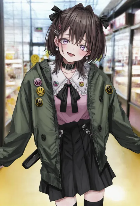 masterpiece, best quality,1girl, ribbon, solo, black ribbon, skirt, jacket, black skirt, thighhighs, hair ornament, looking at viewer, blush, hair ribbon, shirt, photo background, black thighhighs, green jacket, badge, jewelry, earrings, frills, open mouth, black hair, collar, neck ribbon, smile, purple eyes, bag, cowboy shot, pink shirt, button badge, hair intakes, medium hair, hairclip, jirai kei, long sleeves, smiley face, bangs, pink eyes, fang, brown hair, open clothes, hair between eyes
<lora:GUXLlokr8f-000183:0.95>