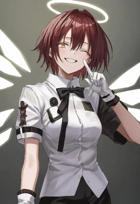 1girl,
exusiai \(arknights\),
solo, red hair, halo, one eye closed, gloves, short hair, white gloves tie, smile, looking at viewer, orange eyes, black bow, gradient, see-through, gradient background, black bowtie, shirt, upper body, white shirt, white jacket, wings, grin, short sleeves, energy wings, see-through sleeves, grey background, formal, simple background, hair between eyes, alternate costume, bangs, two-finger salute, collared shirt, backlighting, bowtie, salute, detached wings, dress shirt, suit jacket, ;d, glove pull, black background, traditional bowtie, jacket, angel, medium breasts, hand up, breasts, bow,
masterpiece, best quality
<lora:GUXLlokr8f-000183:0.95>