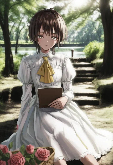 1girl, 
okumura haru,  
brown hair, dress, solo, flower, tree, outdoors, white dress, sitting, long sleeves, puffy sleeves, short hair tie, book, sunlight, boat, nature, day, parted bangs, parted lips, watercraft, juliet sleeves, water, red flower, brown eyes, looking at viewer, ascot, official alternate costume, lips, frills, yellow ascot, signature, red rose, sky, dappled sunlight, alternate costume, rose, picnic basket, 
masterpiece, best quality
 <lora:GUXLlokr8f-000183:0.95>