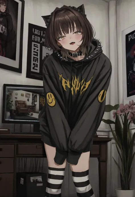 masterpiece, best quality,1girl, yellow eyes, solo, black hoodie, collar, thighhighs, blush, hood, looking at viewer, animal ears, hoodie, asymmetrical legwear, plant, indoors, medium hair, hood down, striped, chair, drawer, long sleeves, potted plant, sleeves past wrists, open mouth, mismatched legwear, jewelry, spikes, standing, bangs, hair intakes, spiked collar, black hair, belt collar, teeth, socks, clock, poster \(object\), brown hair, fangs, black collar, vase, monitor, smiley face
<lora:GUXLlokr8f-000183:0.95>