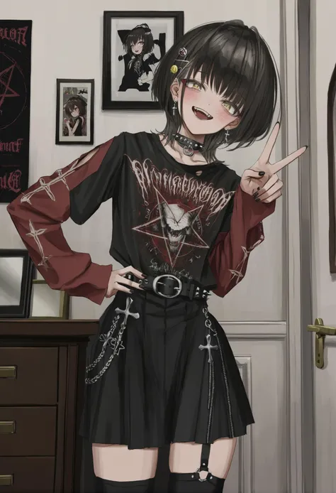 masterpiece, best quality,1girl, solo, smile, shirt, black nails, looking at viewer, pentagram, thighhighs, hair ornament, :d, blush, open mouth, head tilt, yellow eyes, black shirt, teeth, cross, detached sleeves, black skirt, skirt, belt collar, black hair, black thighhighs, hand on hip, poster \(object\), hairclip, nail polish, v, indoors, medium hair, jewelry, short sleeves, choker, bangs, cowboy shot, fingernails, earrings, spikes, single thighhigh, t-shirt, door, standing, collar, upper teeth only
<lora:GUXLlokr8f-000183:0.95>