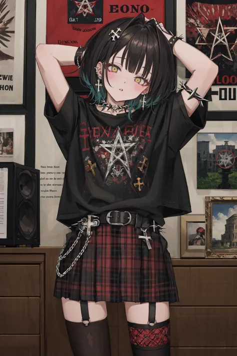 1girl, solo, skirt, plaid skirt, looking at viewer, medium hair, shirt, cowboy shot, profanity, jewelry, plaid, cross, black shirt, belt, earrings, blush, yellow eyes, black skirt, spiked armlet, head tilt, thighhighs, black hair, television, standing, heterochromia, parted lips, red eyes, indoors, english text, bangs, hand up, short sleeves, latin cross, black thighhighs, cross earrings, speaker, poster \(object\), arm up, pleated skirt, pentagram, black belt, single thighhigh 
///////////  <lora:GU-000183:1>