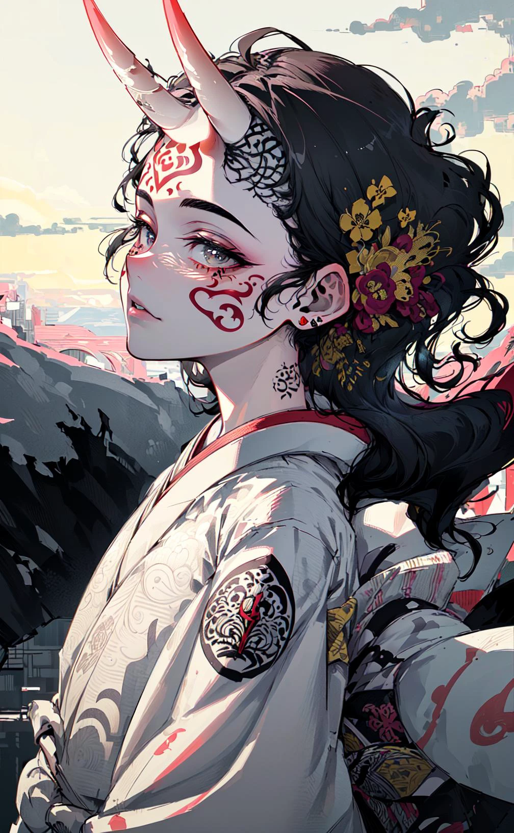 (photorealistic:1.3), masterpiece, best quality, (intricate details:1.2), (scenery:1.3), beautiful face, (black and white theme), ukiyoe,
(((1girl, a girl in patterned kimono, (look at veiwer:1.3), (face tattoo:1.2), small oni horn,
))), full body