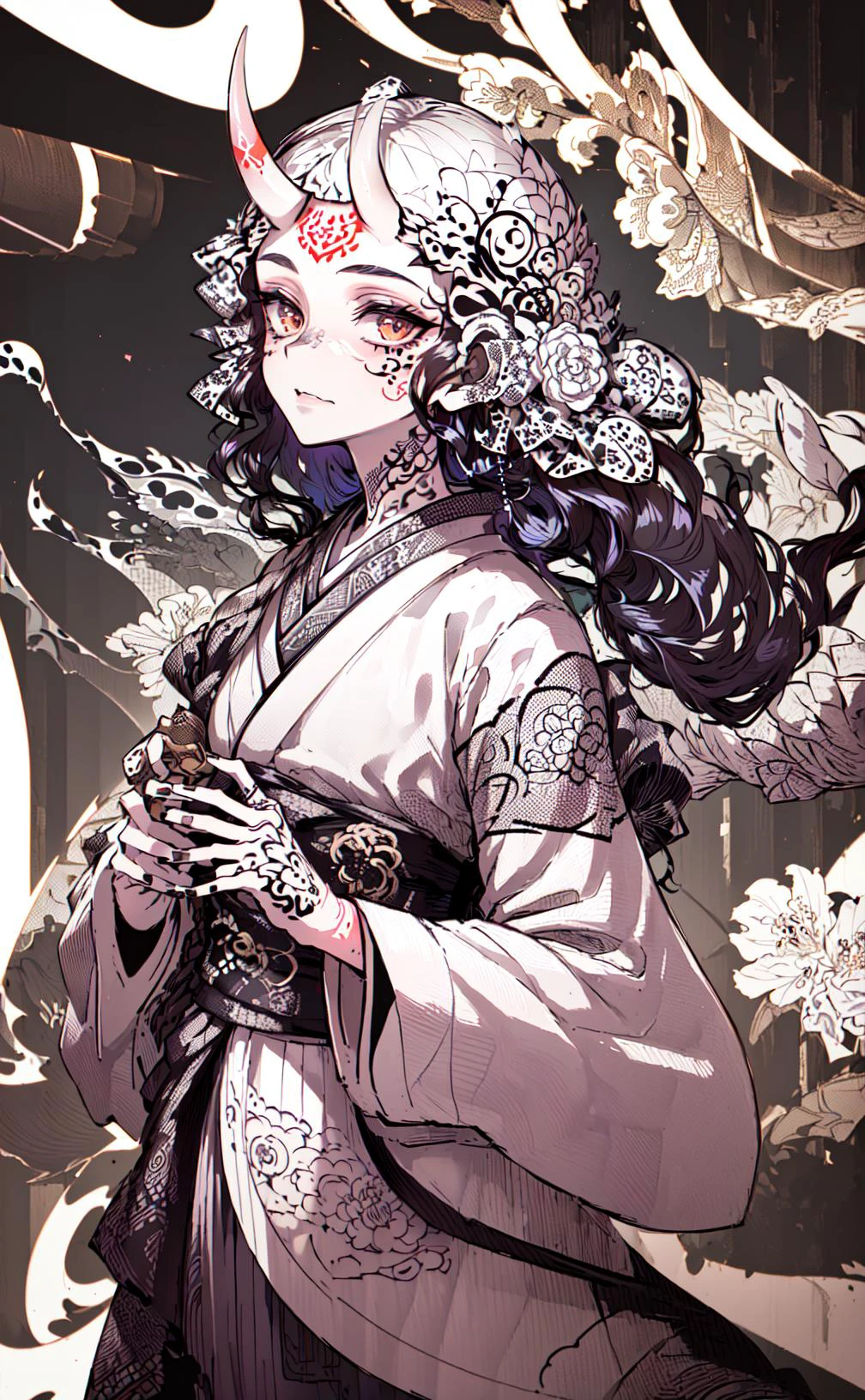 (photorealistic:1.3), masterpiece, best quality, (intricate details:1.2), (scenery:1.3), beautiful face, (black and white theme),
(((1girl, a girl in patterned kimono holding a dagger in her hand, (look at veiwer:1.3), (face tattoo:1.2), small oni horn,
))), full body