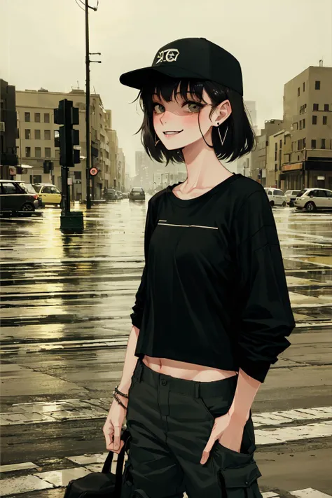 ultra resolution,
(photorealistic:1.3),
(1 slim girl), stylish girl, fashion,
young face, blush, (evil smile),
(slim) thigh,
baseball cap, earrings,
(black T-shirt), (baggy cargo pants),
gravure,
rainy city street