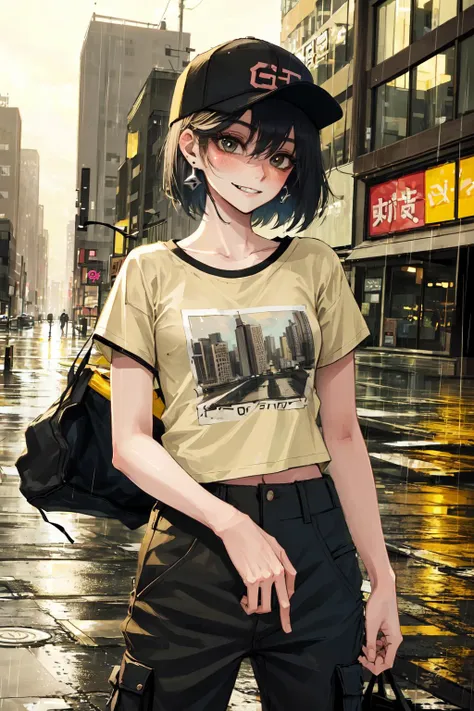 ultra resolution,
(photorealistic:1.3),
(1 slim girl), stylish girl, fashion,
young face, blush, (evil smile),
(slim) thigh,
baseball cap, earrings,
(black T-shirt), (baggy cargo pants),
gravure,
rainy city street