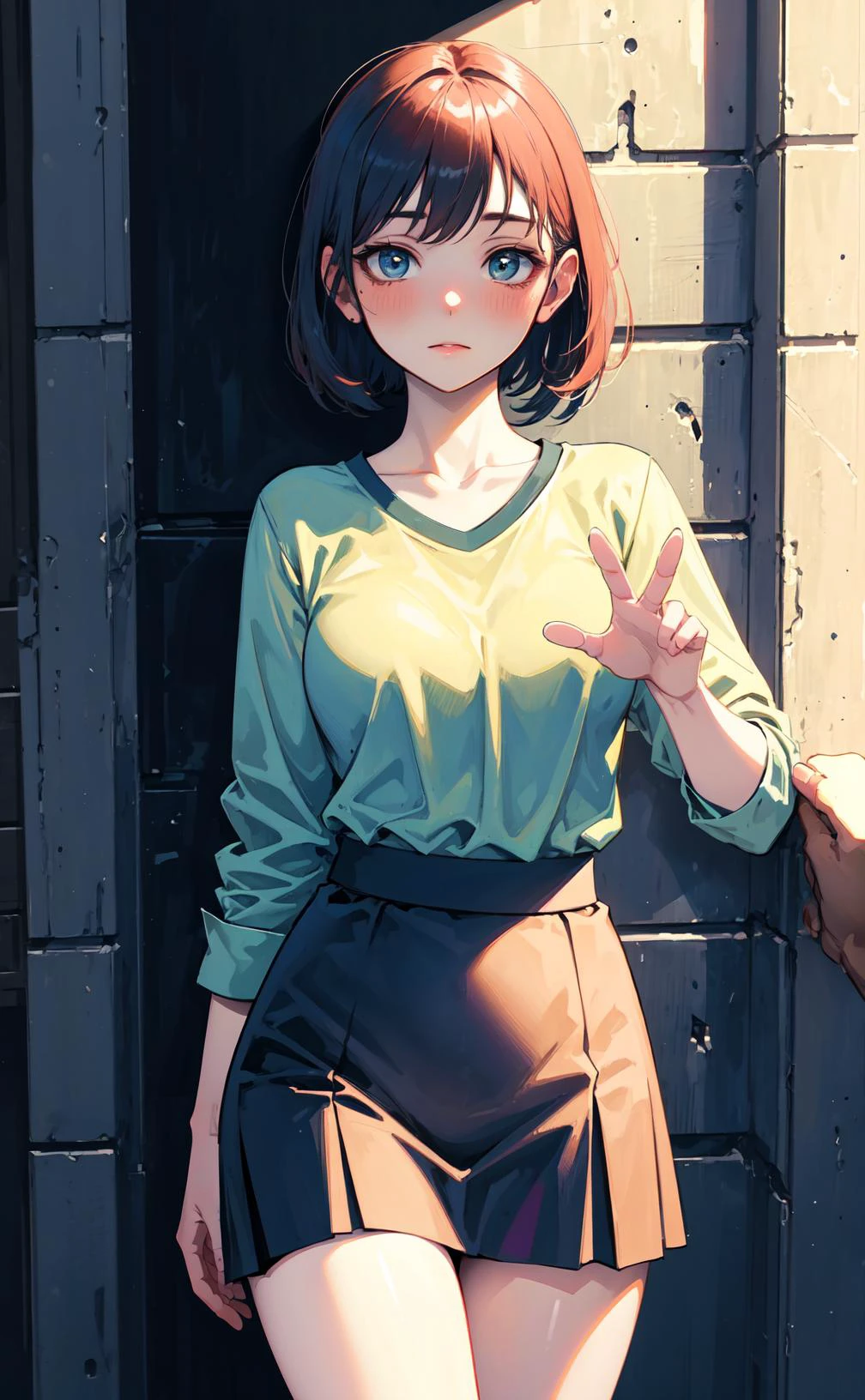 (photorealistic:1.3),
best quality,
1 slim girl, slender, standing, standing_pose, solo focus, blush,
narrow waist, medium breast, beautiful face, athletic body,
look at viewer, pov,
fashionable shirt and skirt,
back against a wall, in front of a wall