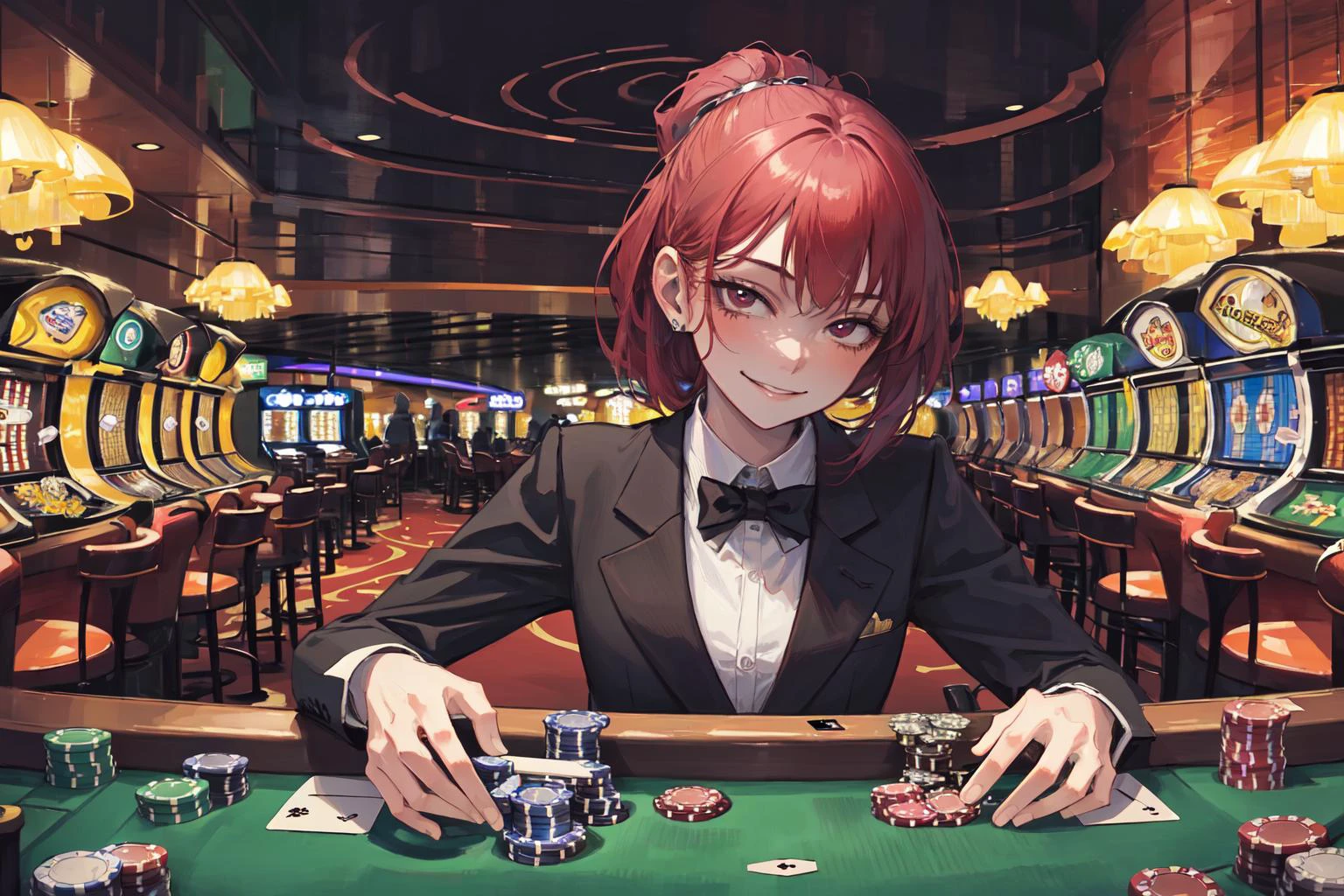 (photorealistic:1.3),
best quality,
1 girl, slender, solo focus, a girl is playing poker in a casino, gambling, casino, evil smile,
beautiful face,
look at viewer, pov