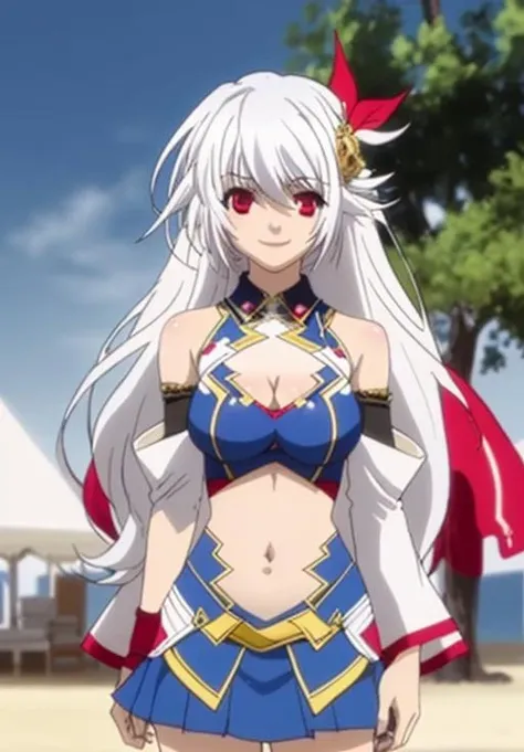 <lora:LordMarksmanandVanadis-000009:0.8>, Eleonora, solo, smile, hair ornament, navel, cleavage, bare shoulders, detached sleeves, midriff, miniskirt, blue skirt, crop top, kneehighs, clothing cutout,