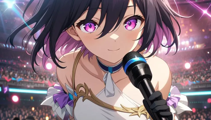 1girl, solo,
black hair, pink inner hair.short bob hair, looking at viewer, pink eyes, medium breasts, hair between eyes, Smile,
Dark blue choker,
((white dress, White idol clothes, bare shoulders, black Glove, flare Mini skirt,Frill Skirtãpurple ribbon on wais)),
solo BREAK standing, stage, audience, holding microphone, cowboy shot, depth of field, cinematic,
<lora:loraeyesxl:0.7>,
((masterpiece, best quality, detailed eyes, eye highlights,moody,anime, game cg,Depth of field)),