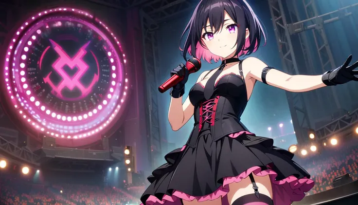 1girl, solo,
black hair, pink inner hair.short bob hair, looking at viewer, pink eyes, medium breasts, hair between eyes, Smile,
Dark blue choker,
((black necktie, sleeveless dress, corset, arm strap, black gloves, black thighhighs, striped thighhighs, garter straps,)),
solo BREAK standing, stage, audience, holding microphone, cowboy shot, depth of field, cinematic,
<lora:loraeyesxl:0.7>,
((masterpiece, best quality, detailed eyes, eye highlights,moody,anime, game cg,Depth of field)),