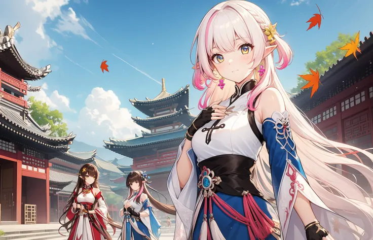 multiple girls,long hair,pointy ears,gloves,pink hair,sky,jewelry,fingerless gloves,black hair,blue eyes,closed mouth,architecture,earrings,east asian architecture,bangs,dress,cloud,yellow eyes,black gloves,long sleeves,Maple leaves,hair ornament,outdoors,blue sky,day,brown hair,clothing cutout,multicolored hair,building,hair rings,white hair,wide sleeves,