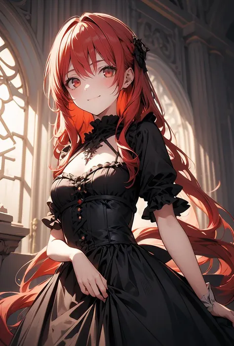 (masterpiece, best quality), 1girl, red hair, medium chest, gothic frill dress, pervert face,