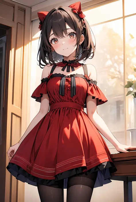 (masterpiece, best quality), 1girl, red dress, pantyhose, cute face, blush,