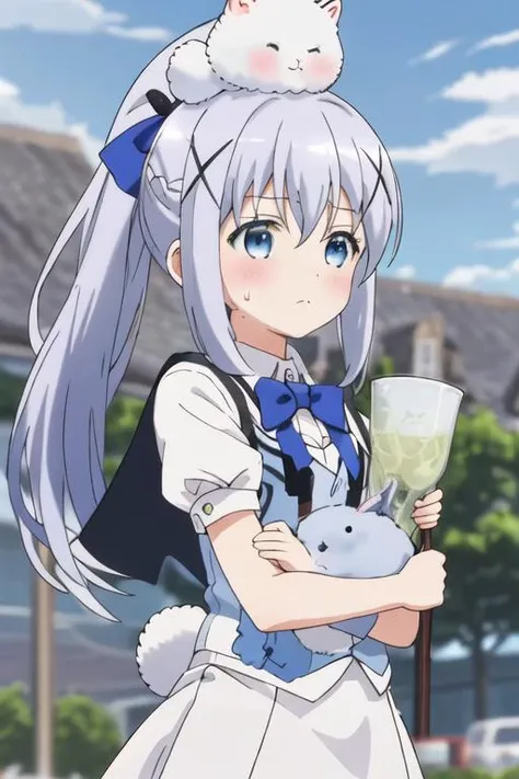 best quality, masterpiece, highres, solo, {kafuu_chino_istheorderarabbit:1.15}, blue_hair, long_hair, blue_eyes, x_hair_ornament, hair_ornament, blush, bangs, closed_mouth, hair_between_eyes, 1girl, animal, blue_sky, blue_vest, blurry, blurry_background, cloud, collared_shirt, day, holding, outdoors, puffy_sleeves, rabbit, rabbit_house_uniform, shirt, sidelocks, sky, upper_body, vest, white_shirt, depth_of_field, holding_animal, puffy_short_sleeves, short_sleeves, blue_bow, bow, ponytail, sweat, uniform, waitress