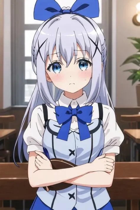 (highest quality:1.2), (Ultra-high resolution:1.2), Intricate details, Official Art, beautiful artwork, Game CG, One girl, alone, Beautiful face in every detail, chest, Wide Hips, (Thick thighs:0.8), Long Hair, Blue Hair, Hair between the eyes, hair ornaments, x hair ornaments, blue eyes, Hair Clip, shirt, Best, light Blue Hair, Long sleeve, white shirt, blue Best, bangs, waitress, bow, bowtie, blue bowtie, indoor, Cafe, From below, Skirt lifted, White panties, Panty flashing, Looking down, Groin