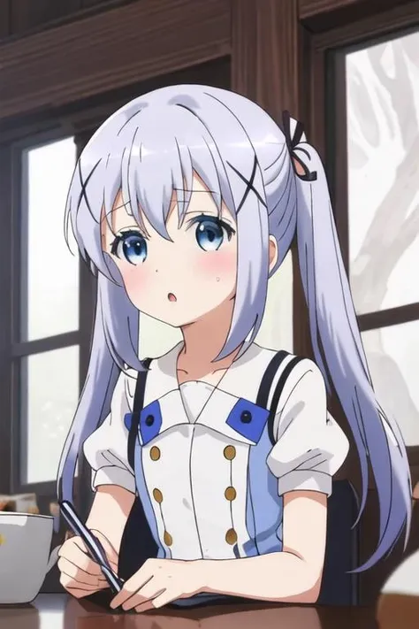best quality, masterpiece, highres, solo, {kafuu_chino_istheorderarabbit:1.15}, blue_hair, long_hair, blue_eyes, x_hair_ornament, hair_ornament, blush, bangs, closed_mouth, hair_between_eyes, 1girl, looking_at_viewer, :o, hairclip, open_mouth, parody