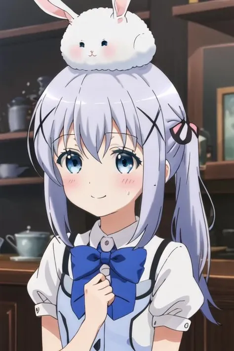 best quality, masterpiece, highres, solo, {kafuu_chino_istheorderarabbit:1.15}, blue_hair, long_hair, blue_eyes, x_hair_ornament, hair_ornament, blush, bangs, closed_mouth, hair_between_eyes, 1girl, angora_rabbit, animal, animal_on_head, blue_bow, blue_bowtie, bow, bowtie, on_head, rabbit, rabbit_house_uniform, rabbit_on_head, shirt, sidelocks, vest, blue_vest, collared_shirt, light_blue_hair, looking_at_viewer, white_shirt, hairclip, short_sleeves, smile, upper_body, indoors