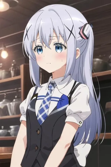 best quality, masterpiece, highres, solo, {kafuu_chino_istheorderarabbit:1.15}, blue_hair, long_hair, blue_eyes, x_hair_ornament, hair_ornament, blush, bangs, closed_mouth, hair_between_eyes, 1girl, blurry, collared_shirt, day, grey_necktie, necktie, outdoors, plaid_necktie, shirt, upper_body, vest, white_shirt, blurry_background, black_vest, depth_of_field, puffy_short_sleeves, puffy_sleeves, short_sleeves, looking_away, very_long_hair