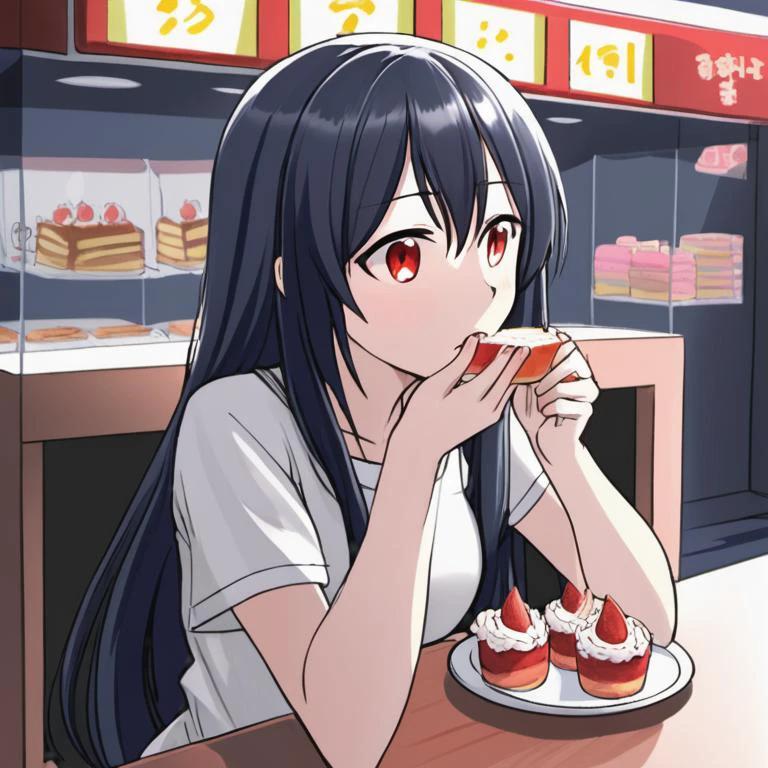 a drawing of a girl with long hair and a white shirt, fubuki, jaidenanimations, eating cakes, exploitable image, ããã®, she is easting a peach, sitting alone, attractive matoi ryuko, ito, kantai collection arcade, having a snack, kancolle, hisasi, fumo, eating