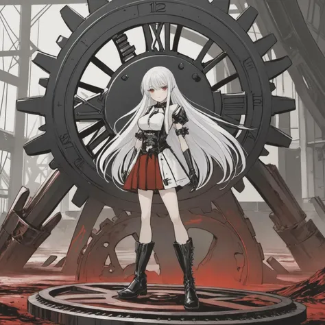 a girl with long white hair and black boots is standing in front of a clock, giant interlocked gears cogs, red blood, artbook artwork, broken machinery, sheath, black gears, sadistic, combine, eve, ultra-high resolution, machinic desire