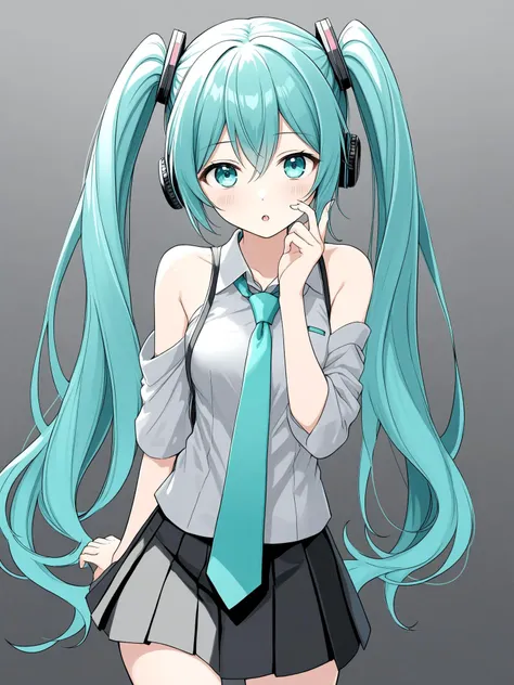 1girl, hatsune miku, solo, long hair, detached sleeves, twintails, skirt, necktie, shirt, very long hair, aqua necktie, sleeveless, black skirt, aqua hair, microphone, looking at viewer, pleated skirt, aqua eyes, sleeveless shirt, grey shirt, holding, bare shoulders, hair between eyes, hair ornament, cowboy shot, bangs, parted lips, black sleeves, collared shirt