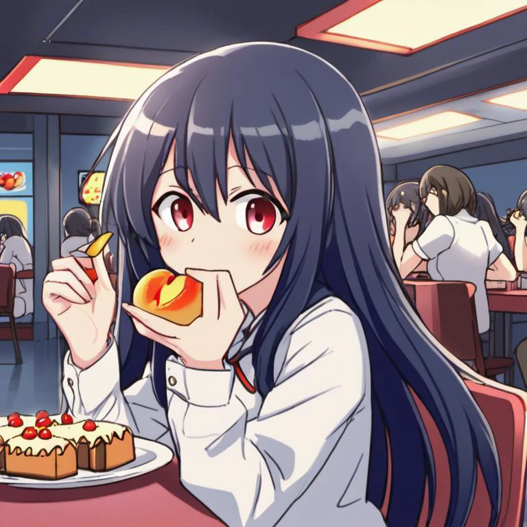 a drawing of a girl with long hair and a white shirt, fubuki, jaidenanimations, eating cakes, exploitable image, ããã®, she is easting a peach, sitting alone, attractive matoi ryuko, ito, kantai collection arcade, having a snack, kancolle, hisasi, fumo, eating
