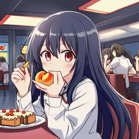 a drawing of a girl with long hair and a white shirt, fubuki, jaidenanimations, eating cakes, exploitable image, ããã®, she is easting a peach, sitting alone, attractive matoi ryuko, ito, kantai collection arcade, having a snack, kancolle, hisasi, fumo, eating