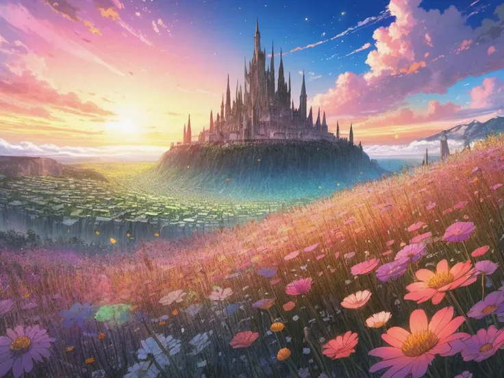 the castle in the sky, pixiv 3dcg, ethereal starlit city at sunset, field of fantasy flowers, warm saturated colors, eeyrie, colorful architectural drawing, in postapocalypse city, by Yoshitaka Amano, with vibrant sky, distinct horizon