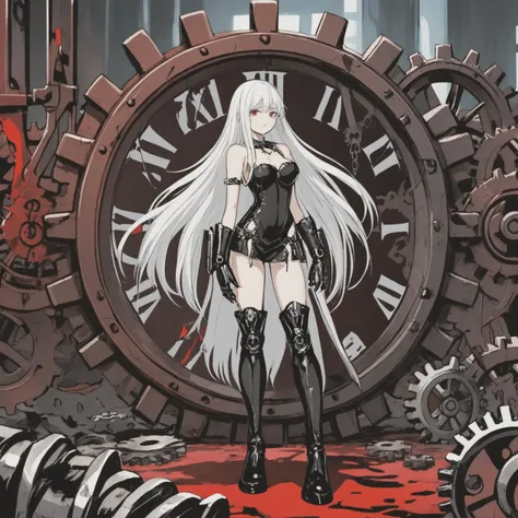 a girl with long white hair and black boots is standing in front of a clock, giant interlocked gears cogs, red blood, artbook artwork, broken machinery, sheath, black gears, sadistic, combine, eve, ultra-high resolution, machinic desire