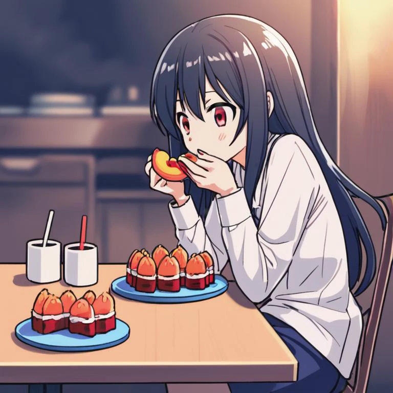 a drawing of a girl with long hair and a white shirt, fubuki, jaidenanimations, eating cakes, exploitable image, ããã®, she is easting a peach, sitting alone, attractive matoi ryuko, ito, kantai collection arcade, having a snack, kancolle, hisasi, fumo, eating