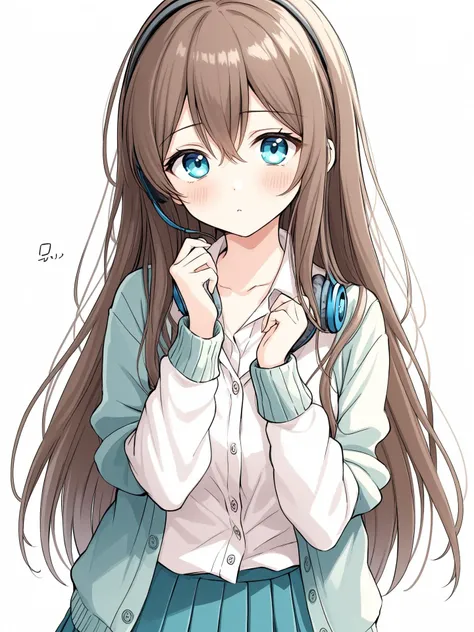 1girl, nakano miku, headphones around neck, blue eyes, headphones, pout, long hair, brown hair, cardigan, shirt, blue cardigan, looking at viewer, blush, white shirt, :t, white background, breasts, green skirt, hair between eyes, closed mouth, long sleeves, bangs, collared shirt, solo, simple background, twitter username, skirt, medium breasts, upper body, v-shaped eyebrows, hair over one eye, clothes grab, pleated skirt