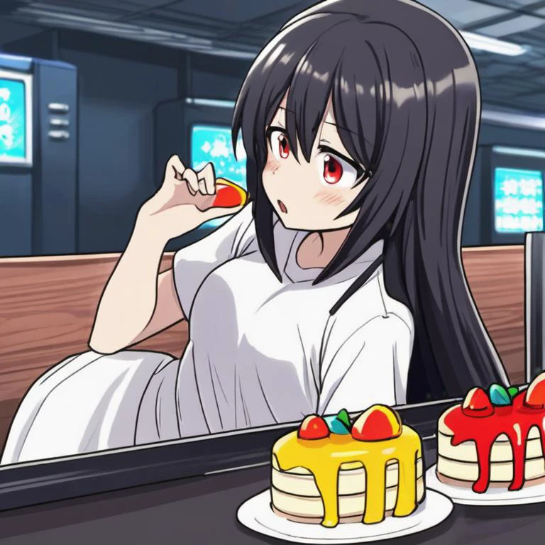 a drawing of a girl with long hair and a white shirt, fubuki, jaidenanimations, eating cakes, exploitable image, ããã®, she is easting a peach, sitting alone, attractive matoi ryuko, ito, kantai collection arcade, having a snack, kancolle, hisasi, fumo, eating