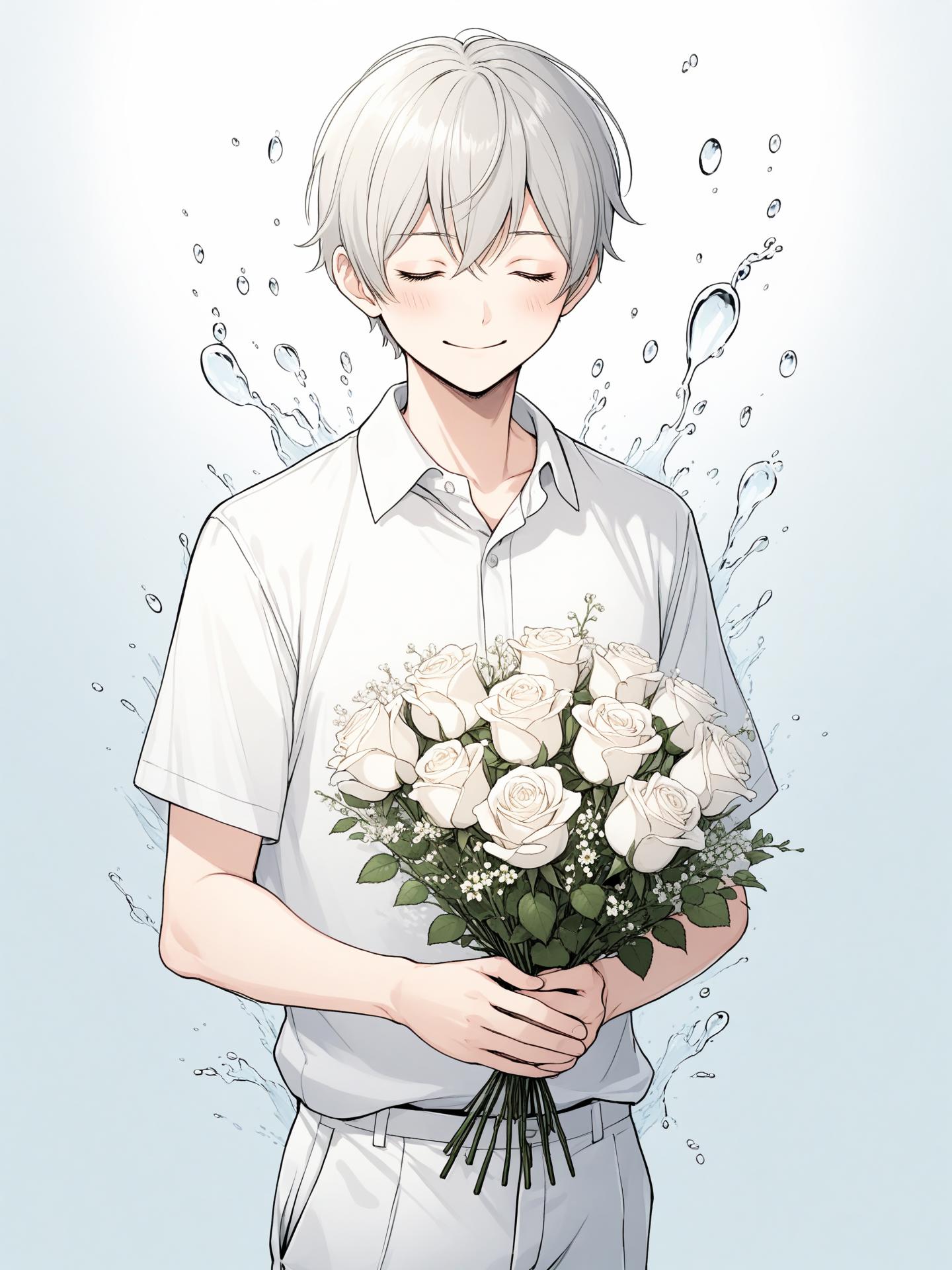 A man holding a bouquet of white roses in his hands - SeaArt AI