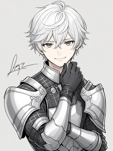 1boy, gloves, male focus, solo, black eyes, black gloves, armor, grey hair, looking at viewer, ahoge, facial mark, checkered background, smile, closed mouth, white hair, shoulder armor, upper body, long sleeves, short hair, artist name, sketch, signature, hair between eyes