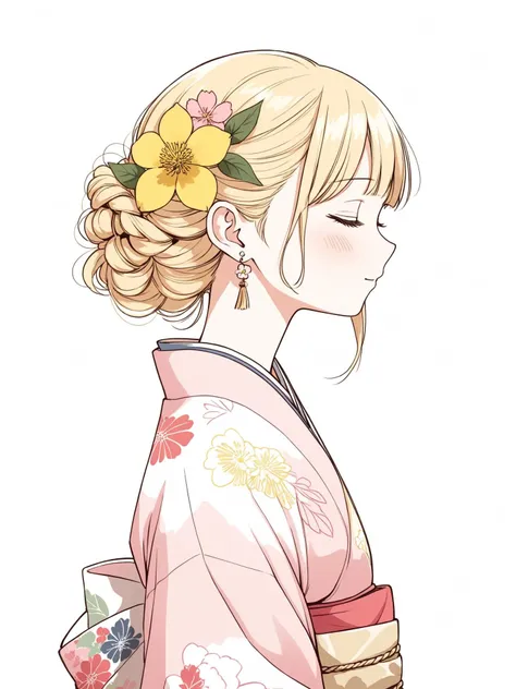 1girl, solo, hair ornament, flower, closed eyes, profile, hair flower, pink flower, braid, kimono, blush, blonde hair, yellow flower, leaf, earrings, jewelry, japanese clothes, white background, floral print