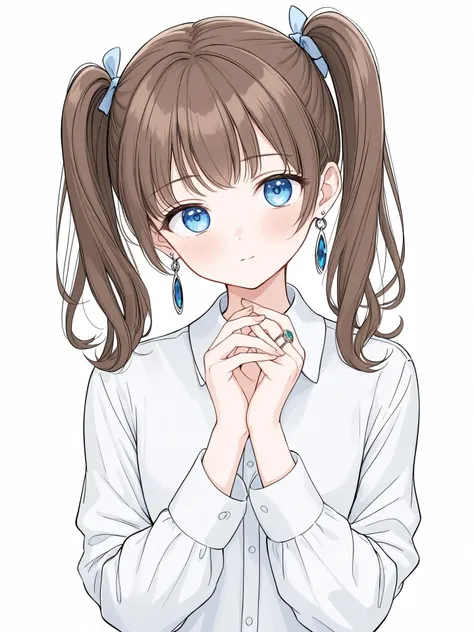 1girl, brown hair, jewelry, solo, blue eyes, blush, earrings, twintails, white background, simple background, ring, shirt, looking at viewer, sleeves past wrists, bangs, upper body, long sleeves, collared shirt, gift, white shirt, long hair, hand on own face