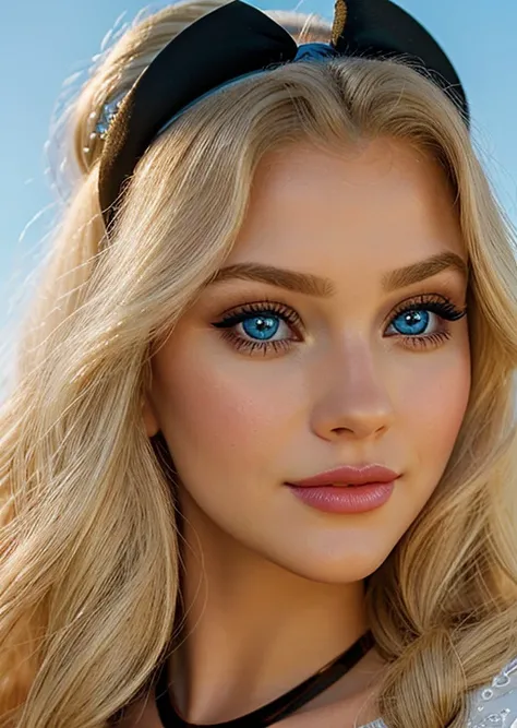 close-up portrait of <lora:DisneyAurora:0.9> disneyaurora, blonde hair, long hair, makeup, hairband, blue eyes