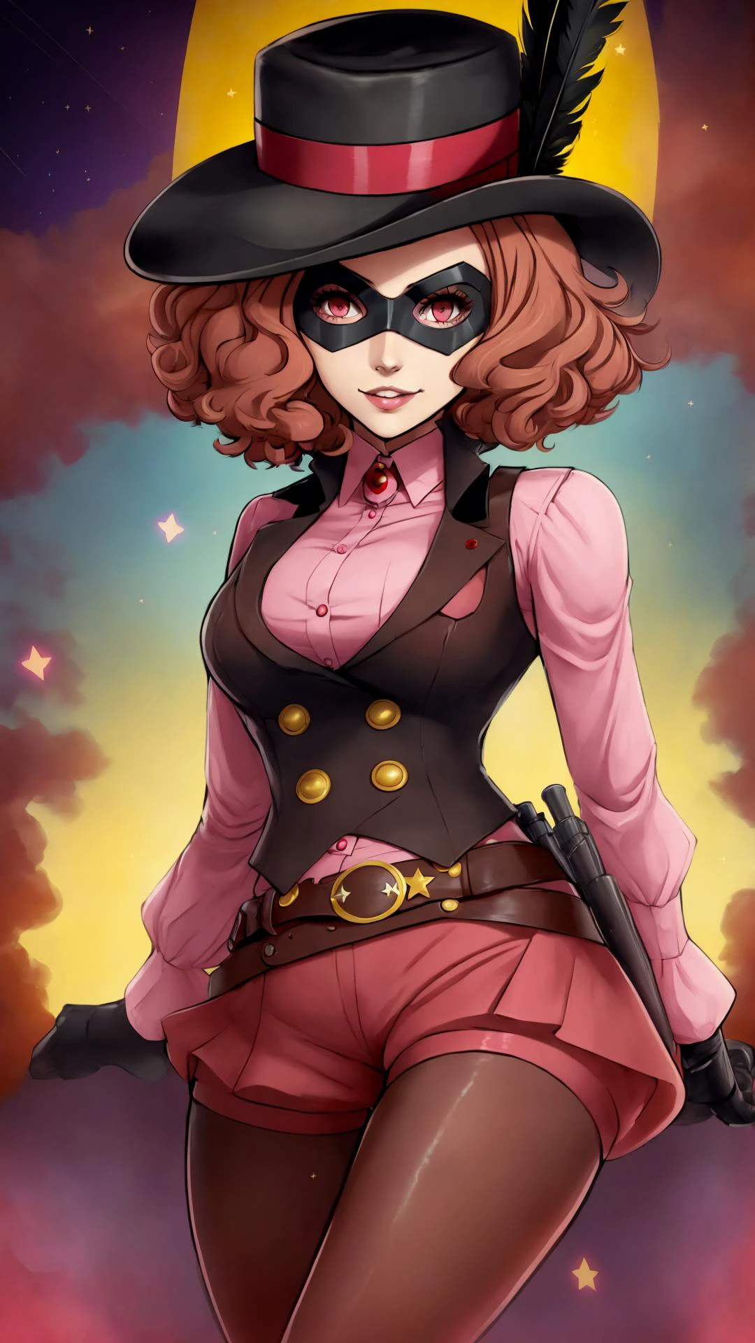 <lora:dsharu-v2:0.8> dsnoir, persona 5, 1girl, light brown hair, short hair, curly hair, brown eyes, (domino mask:1.15), hat, hat feather, pink shirt, pantyhose, scarlet red short shorts, black vest, light smile, BREAK, space, shooting star, stars, night sky