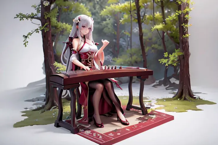 (otherworldly), highly insanely detailed, masterpiece, top quality, best quality, highres, 4k, 8k, RAW photo, (very aesthetic, beautiful and aesthetic), 1girl, sitting, high heels, playing guzheng, guzheng, bare arms, pantyhose, <lora:guzheng-000007:0.7>, (fantasy world)