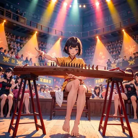 1girl, sitting, bare feet, playing guzheng, guzheng, bare arms, masterpiece, best quelity, 8k, Pullover, Bob cut hairstyle, At a lively concert venue