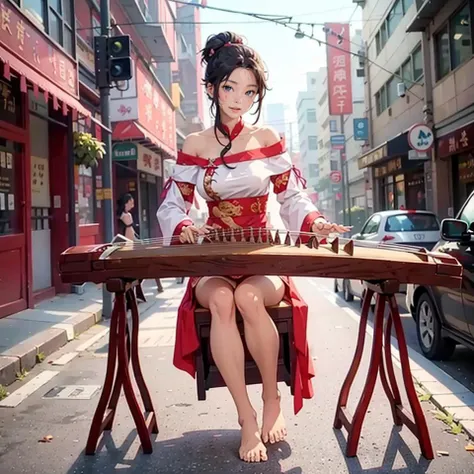 1girl, sitting, bare feet, playing guzheng, guzheng, bare arms, masterpiece, best quelity, 8k, Off-the-shoulder top, Top knot hairstyle, On a busy city street