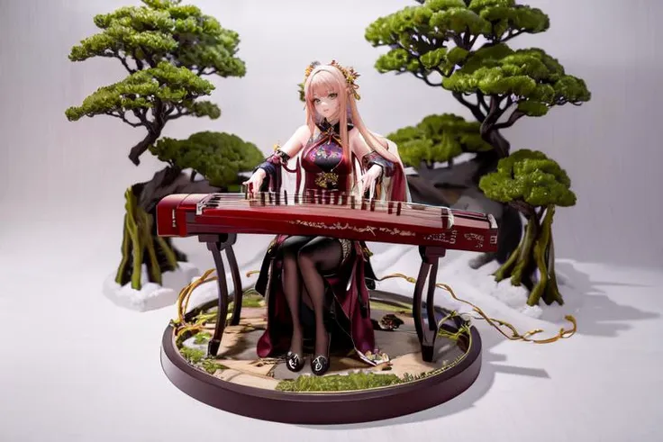 (otherworldly), highly insanely detailed, masterpiece, top quality, best quality, highres, 4k, 8k, RAW photo, (very aesthetic, beautiful and aesthetic), 1girl, sitting, high heels, playing guzheng, guzheng, bare arms, pantyhose, <lora:guzheng-000007:0.7>, (fantasy world)