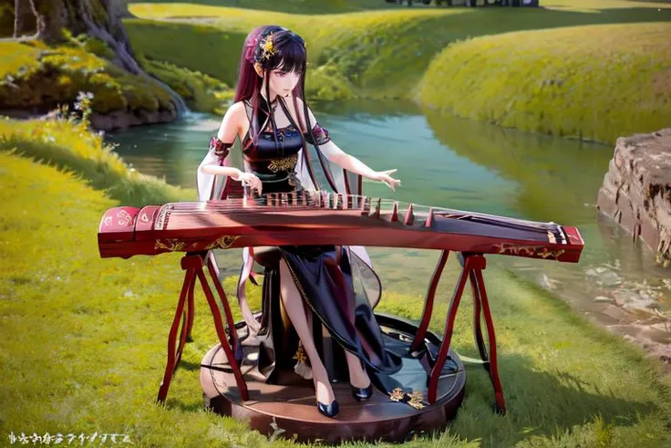 (otherworldly), highly insanely detailed, masterpiece, top quality, best quality, highres, 4k, 8k, RAW photo, (very aesthetic, beautiful and aesthetic), 1girl, sitting, high heels, playing guzheng, guzheng, bare arms, pantyhose, <lora:guzheng-000007:0.9>, (fantasy world)