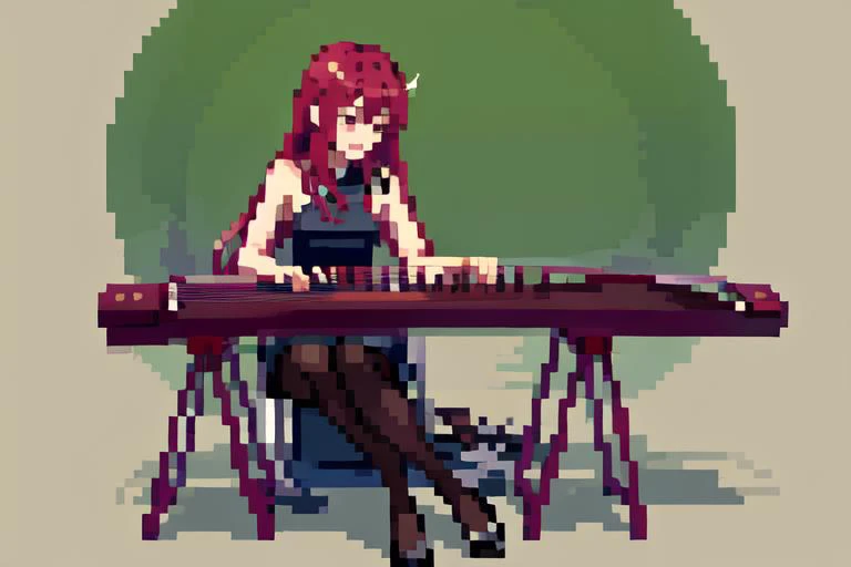 (otherworldly), highly insanely detailed, masterpiece, top quality, best quality, highres, 4k, 8k, RAW photo, (very aesthetic, beautiful and aesthetic), 1girl, sitting, high heels, playing guzheng, guzheng, bare arms, pantyhose, <lora:guzheng-000007:1>, (fantasy world)