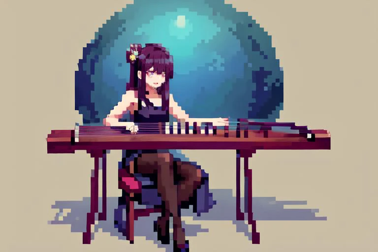 (otherworldly), highly insanely detailed, masterpiece, top quality, best quality, highres, 4k, 8k, RAW photo, (very aesthetic, beautiful and aesthetic), 1girl, sitting, high heels, playing guzheng, guzheng, bare arms, pantyhose, <lora:guzheng-000007:0.7>, (fantasy world)