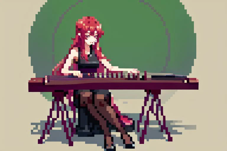 (otherworldly), highly insanely detailed, masterpiece, top quality, best quality, highres, 4k, 8k, RAW photo, (very aesthetic, beautiful and aesthetic), 1girl, sitting, high heels, playing guzheng, guzheng, bare arms, pantyhose, <lora:guzheng-000007:0.9>, (fantasy world)