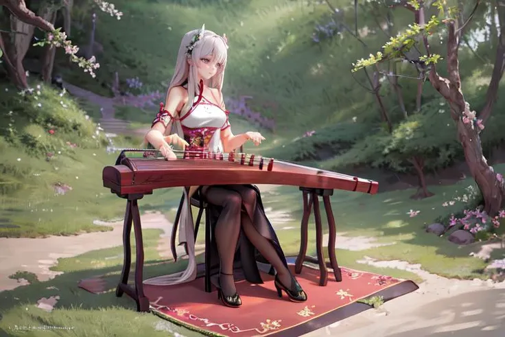 (otherworldly), highly insanely detailed, masterpiece, top quality, best quality, highres, 4k, 8k, RAW photo, (very aesthetic, beautiful and aesthetic), 1girl, sitting, high heels, playing guzheng, guzheng, bare arms, pantyhose, <lora:guzheng-000007:0.9>, (fantasy world)