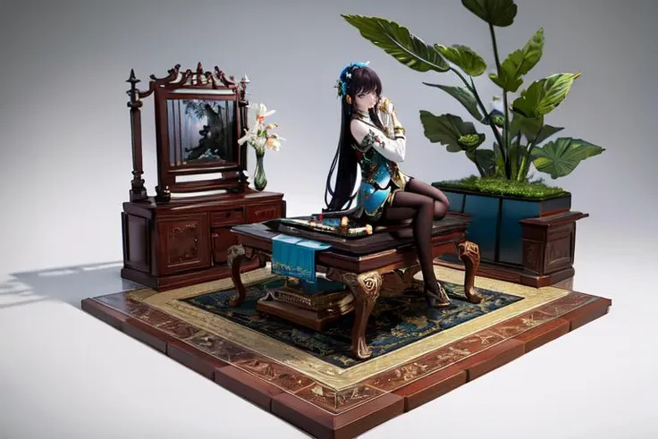 (otherworldly), highly insanely detailed, masterpiece, top quality, best quality, highres, 4k, 8k, RAW photo, (very aesthetic, beautiful and aesthetic), 1girl, sitting, high heels, playing guzheng, guzheng, bare arms, pantyhose, <lora:guzheng-000007:0>, (fantasy world)